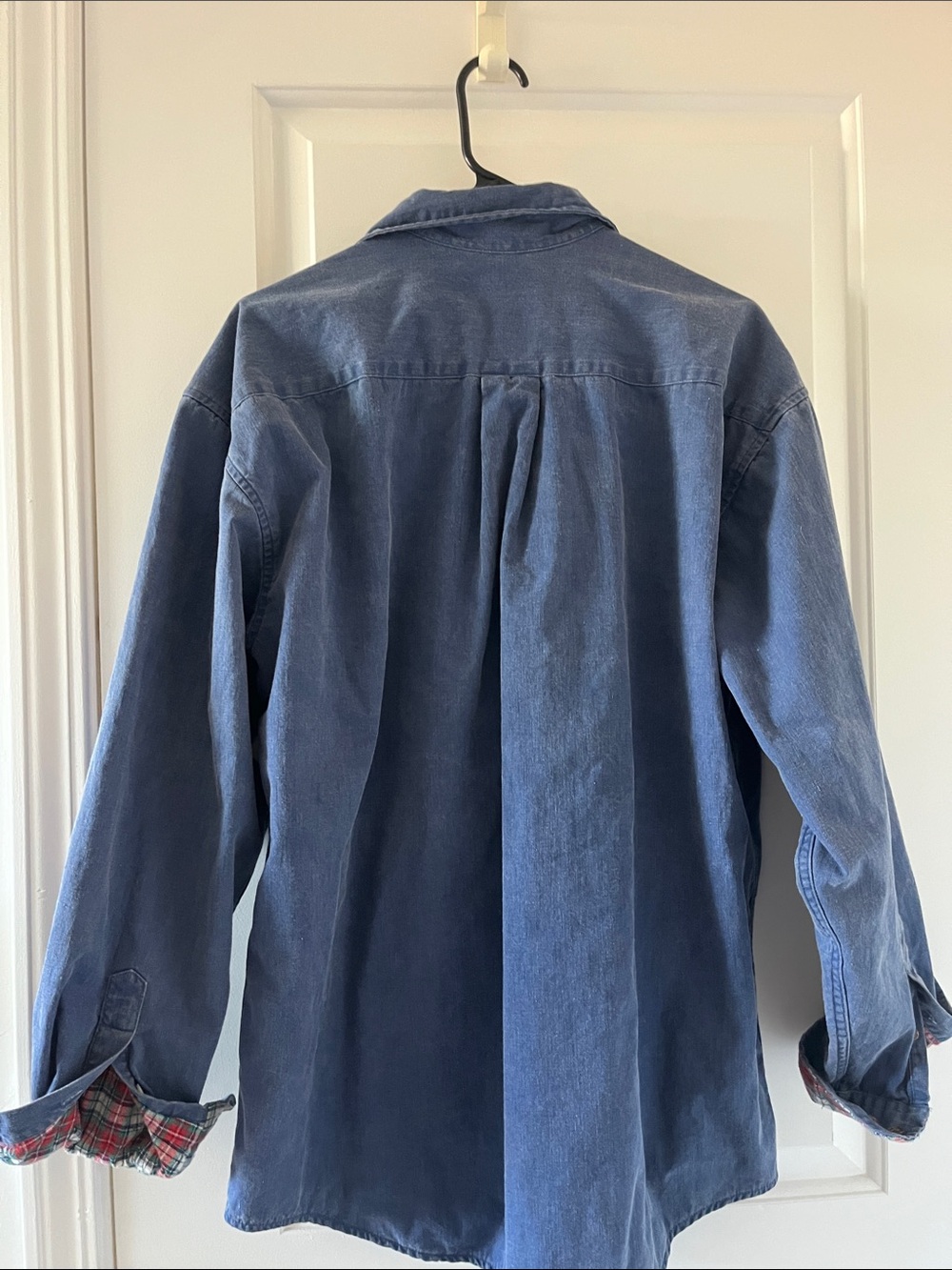 Vintage 1980s Banana Republic Blue Denim Shirt with Red Green Plaid Lining - Picture 4 of 4